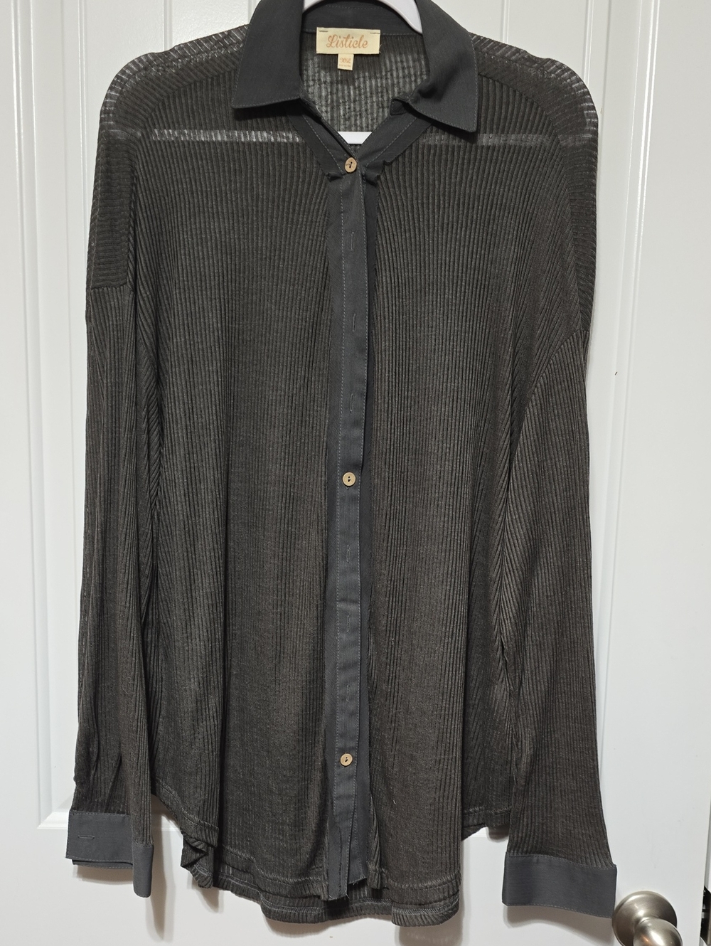 Listicle Black Sheer Ribbed Button-Up Blouse
